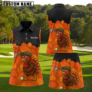 Maxcorners Black Orange Thanksgiving Turkey Golfer Autumn Leaves Personalized Name 3D Golf Shirt and Golf Skirt