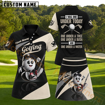 Maxcorners Cute Cartoon Golf Ball Sitting On Club Black Cream Personalized Name 3D Golf Shirt and Golf Skirt