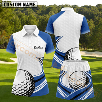 Maxcorners Blue White Golf Ball Geometric Personalized Name 3D Golf Shirt and Golf Skirt