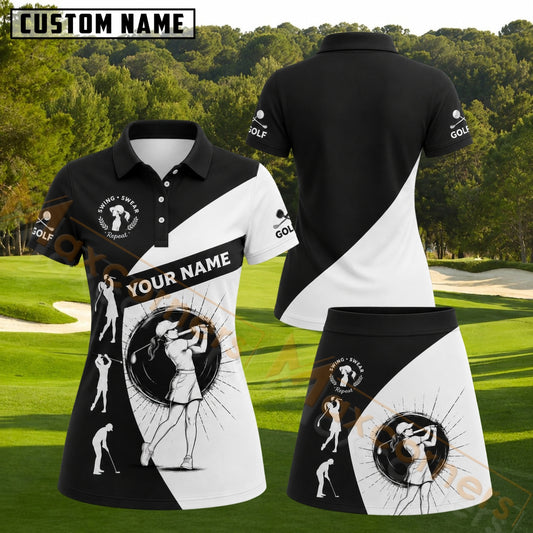 Maxcorners Elegant Female Golfer Swing Monochrome Black And White Personalized Name 3D Golf Shirt and Golf Skirt
