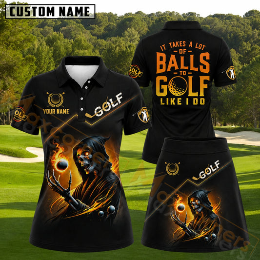 Maxcorners Gothic Skeleton Golfer Fire Ball Black And Orange Personalized Name 3D Golf Shirt and Golf Skirt