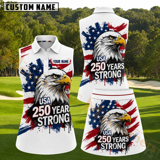 Maxcorners USA 250 Years Strong Patriotic Personalized Name 3D Golf Shirt and Golf Skirt