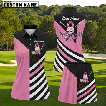 Maxcorners Pink Black White Breast Cancer Awareness Ribbon Golf Personalized Name 3D Golf Shirt and Golf Skirt