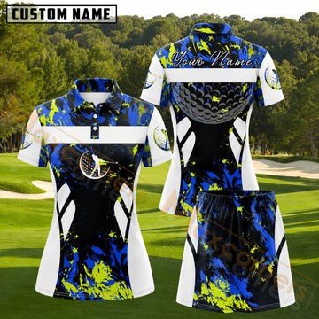 Maxcorners Black White Blue Neon Yellow Paint Splash Golf Ball Personalized Name 3D Golf Shirt and Golf Skirt