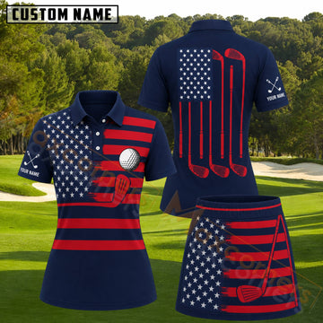 Maxcorners Navy Blue Red American Flag Golf Clubs Personalized Name 3D Golf Shirt and Skirt