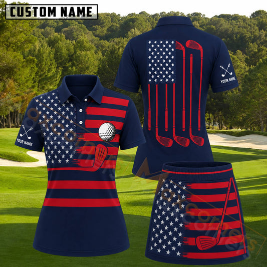 Maxcorners Navy Blue Red American Flag Golf Clubs Personalized Name 3D Golf Shirt and Skirt
