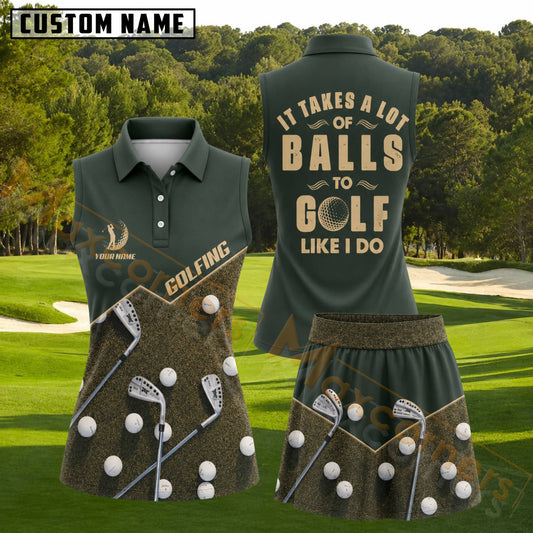 Maxcorners Bold Olive Green & Gold Golf Clubs Personalized Name 3D Golf Shirt and Golf Skirt