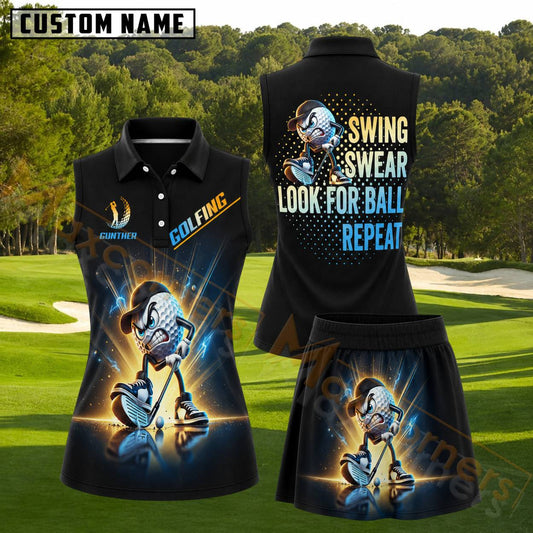 Maxcorners Black Blue Angry Golf Ball Golf Personalized Name 3D Golf Shirt and Golf Skirt