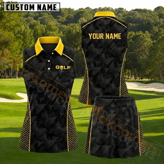 Maxcorners Black And Yellow Geometric Pattern Golf Personalized Name 3D Golf Shirt and Golf Skirt