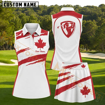 Maxcorners Red Maple Leaf Canada Golf Personalized Name 3D Golf Shirt and Golf Skirt