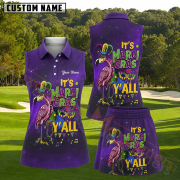 Maxcorners Purple Mardi Gras Flamingo Golf Personalized Name 3D Golf Shirt and Golf Skirt
