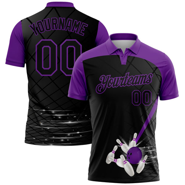 MaxCorners Black And Purple Bowling Pattern Customized Name 3D Bowling Polo Shirt For Men