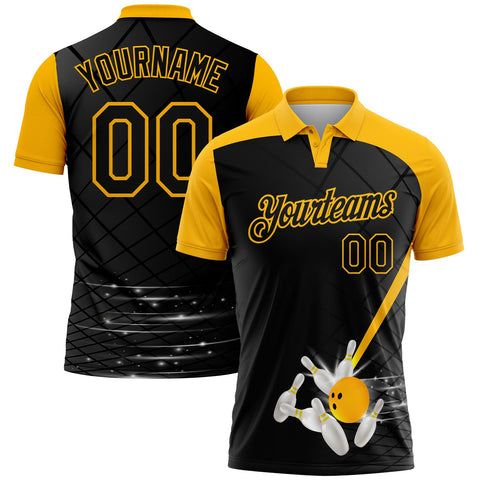 MaxCorners Black And Gold 3D Pattern Customized Name 3D Bowling Polo Shirt For Men