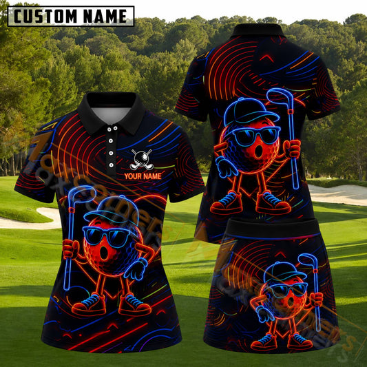 Maxcorners Retro Neon Glowing Golf Ball Personalized Name 3D Golf Shirt and Skirt