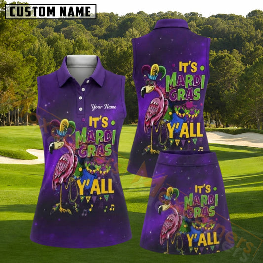 Maxcorners Purple Mardi Gras Flamingo Golf Personalized Name 3D Golf Shirt and Golf Skirt