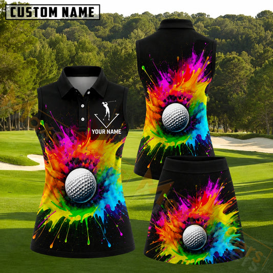 Maxcorners Colorful Paint Splash Golf Ball Personalized Name 3D Golf Shirt and Golf Skirt