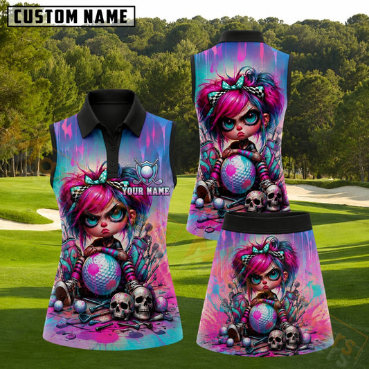 Maxcorners Colorful Angry Girl And Skulls Golf Personalized Name 3D Golf Shirt and Golf Skirt