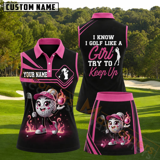 Maxcorners Black and Hot Pink Flaming Golf Ball Girl Personalized Name 3D Golf Shirt and Skirt