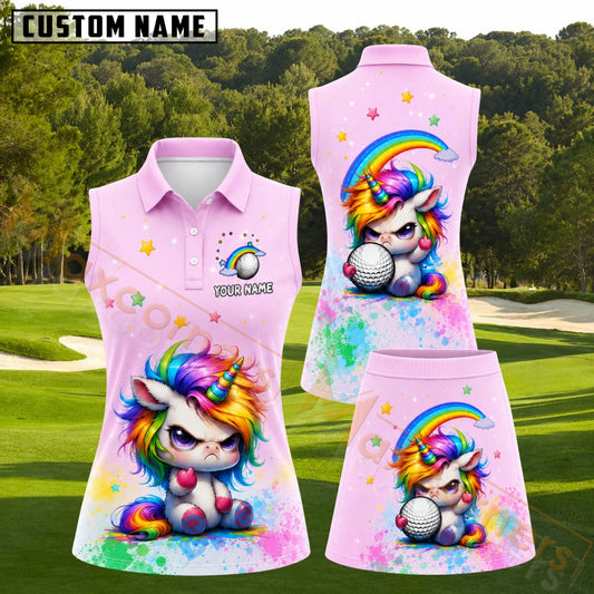 Maxcorners Pink Angry Rainbow Unicorn Personalized Name 3D Golf Shirt and Skirt