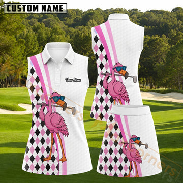 Maxcorners Pink Black Argyle Flamingo Golfer Personalized Name 3D Golf Shirt and Golf Skirt