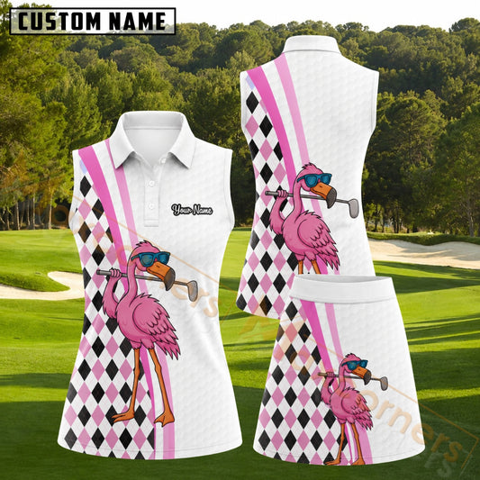 Maxcorners Pink Black Argyle Flamingo Golfer Personalized Name 3D Golf Shirt and Golf Skirt