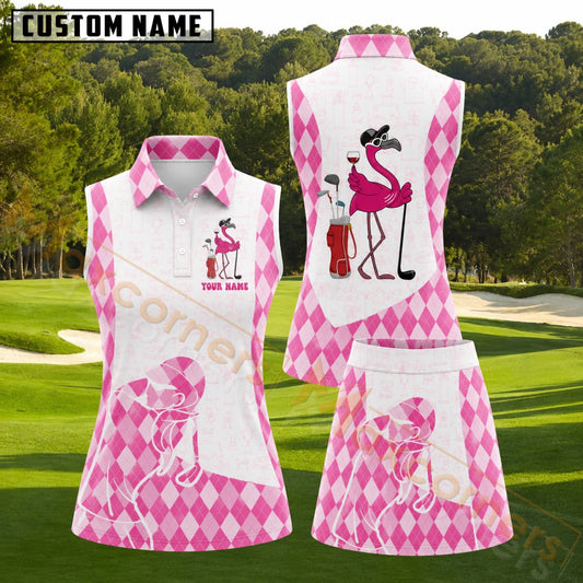 Maxcorners Pink Argyle Flamingo Golf Personalized Name 3D Golf Shirt and Golf Skirt