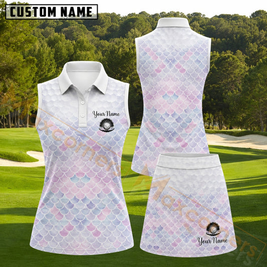 Maxcorners Pastel Mermaid Scale Ombre Personalized Name 3D Golf Shirt and Skirt