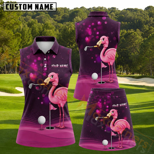 Maxcorners Pink Flamingo Golf Purple Sparkle Personalized Name 3D Golf Shirt and Golf Skirt