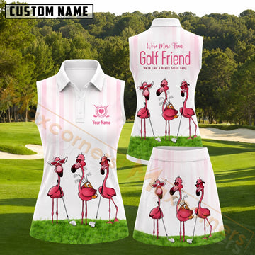 Maxcorners White Pink Flamingo Golf Friends Personalized Name 3D Golf Shirt and Golf Skirt