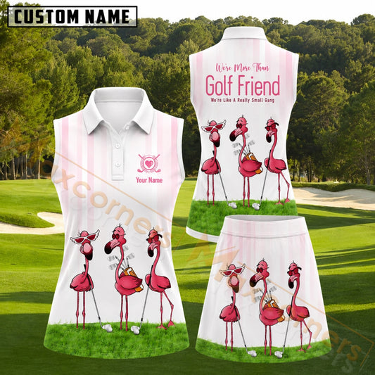 Maxcorners White Pink Flamingo Golf Friends Personalized Name 3D Golf Shirt and Golf Skirt