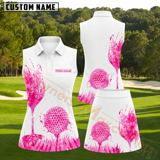 Maxcorners Pink Floral Golf Ball Personalized Name 3D Golf Shirt and Golf Skirt