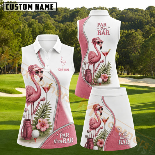 Maxcorners Pink Beige Flamingo Par Then Bar Floral Personalized Name 3D Golf Shirt and Golf Skirt