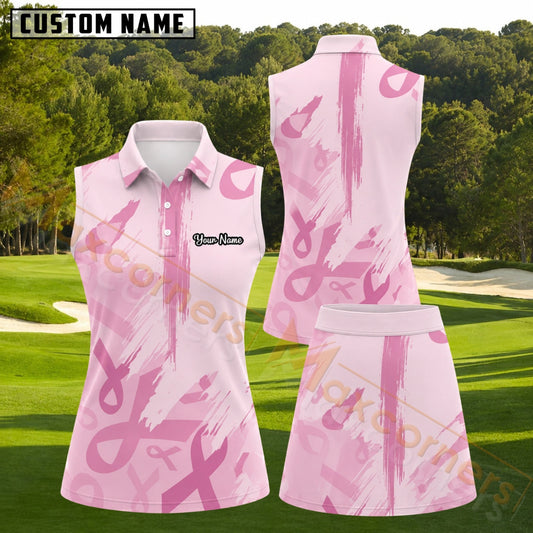 Maxcorners Pink Breast Cancer Awareness Ribbon Brushstroke Personalized Name 3D Golf Shirt and Golf Skirt