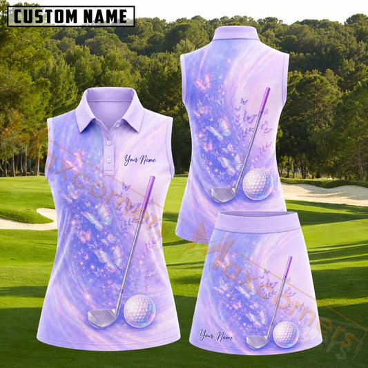 Maxcorners Purple Butterfly Golf Club Personalized Name 3D Golf Shirt and Golf Skirt