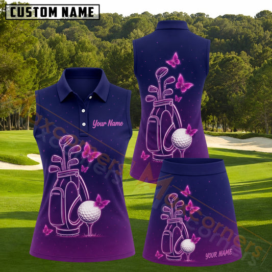 Maxcorners Purple Butterfly Golf Bag Personalized Name 3D Golf Shirt and Golf Skirt