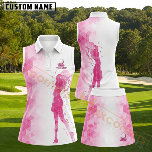 Maxcorners Pink Geometric Female Golfer Silhouette Personalized Name 3D Golf Shirt and Skirt