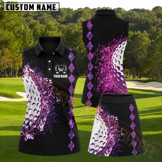 Maxcorners Purple Glitter Golf Ball Pattern Personalized Name 3D Golf Shirt and Golf Skirt