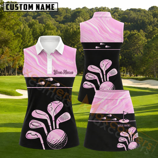Maxcorners Pink Marble Golf Clubs Personalized Name 3D Golf Shirt and Golf Skirt