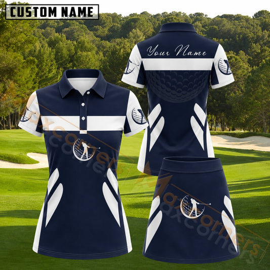 Maxcorners Navy Blue White Golf Ball Golfer Personalized Name 3D Golf Shirt and Golf Skirt