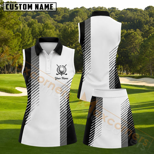 Maxcorners Black White Gray Geometric Stripe Golf Personalized Name 3D Golf Shirt and Golf Skirt