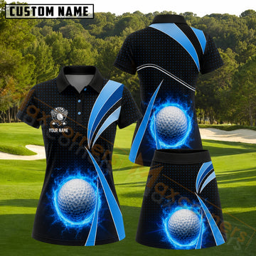 Maxcorners Blue Flame Golf Ball Personalized Name 3D Golf Shirt and Golf Skirt