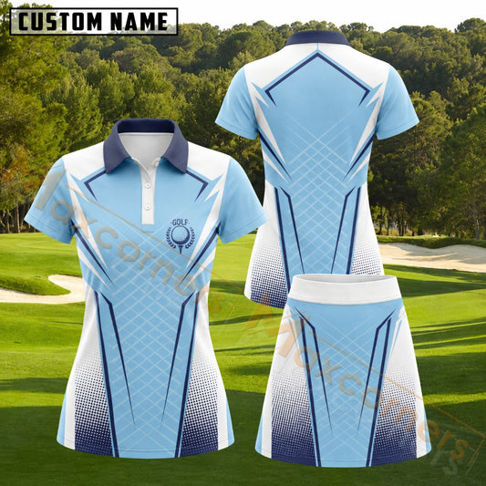 Maxcorners Light Blue White Geometric Golf Ball Personalized Name 3D Golf Shirt and Golf Skirt