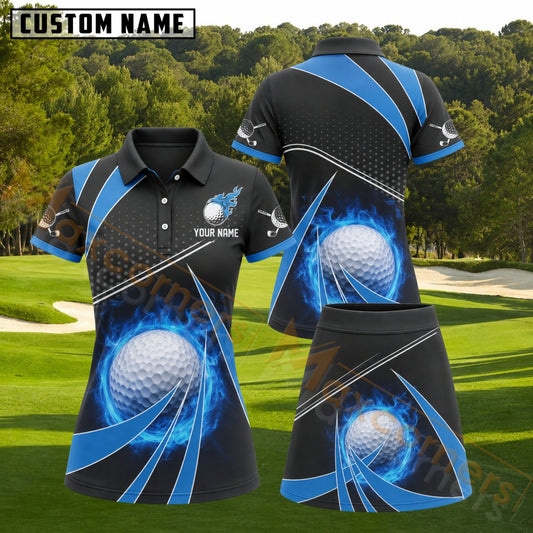 Maxcorners Blue Flame Golf Ball Personalized Name 3D Golf Shirt and Golf Skirt