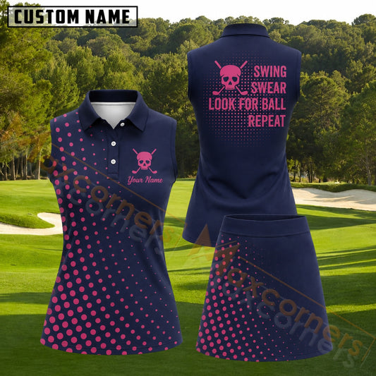Maxcorners Navy Blue Pink Polka Dot Skull Golf Personalized Name 3D Golf Shirt and Golf Skirt