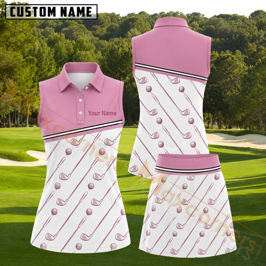 Maxcorners Pink Clubs And Balls Pattern Golf Personalized Name 3D Golf Shirt and Golf Skirt