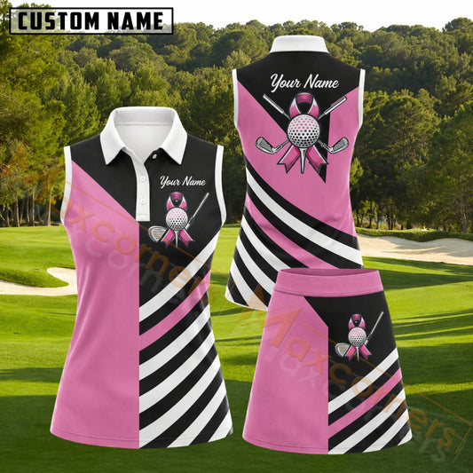 Maxcorners Pink Black White Breast Cancer Awareness Ribbon Golf Personalized Name 3D Golf Shirt and Golf Skirt