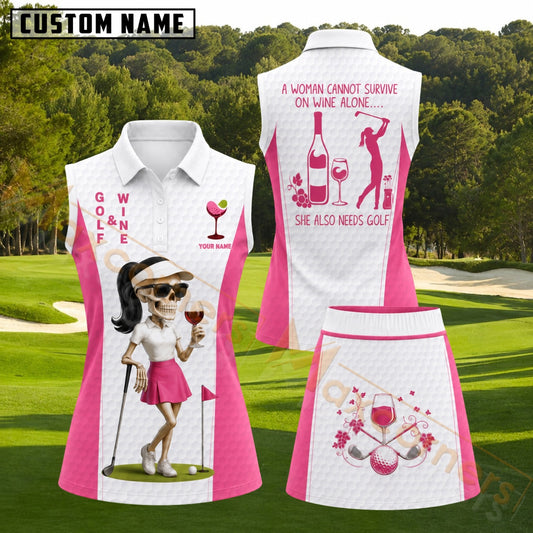 Maxcorners Pink Wine and Skeleton Lady Golfer Personalized Name 3D Golf Shirt and Skirt