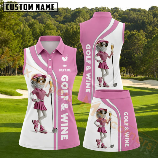 Maxcorners Pink White Golf And Wine Girl Golf Personalized Name 3D Golf Shirt and Golf Skirt