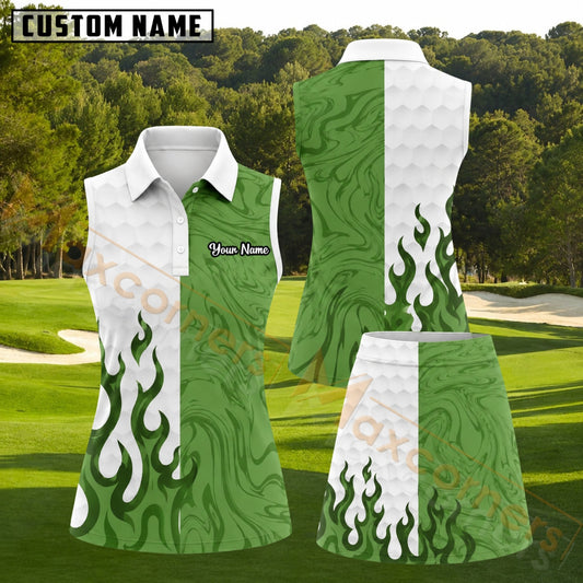 Maxcorners Green White Marble Flame Personalized Name 3D Golf Shirt and Golf Skirt