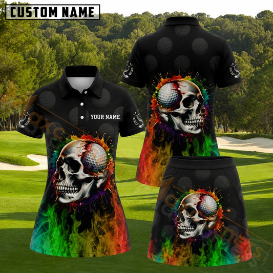 Maxcorners Black Rainbow Flame Skull Golf Ball Personalized Name 3D Golf Shirt and Golf Skirt